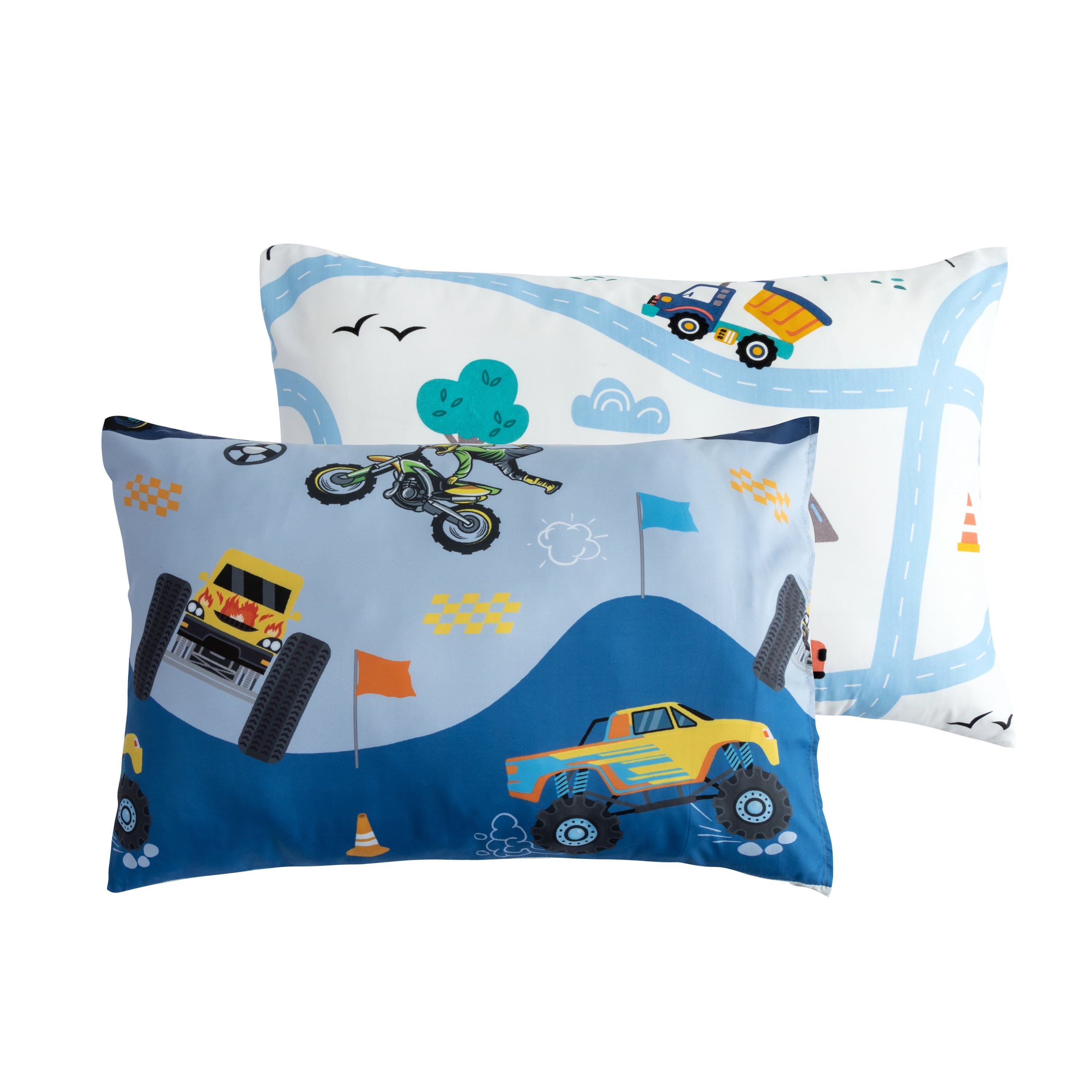 Luxurious Quilted 3Pcs Reversible Construction Truck Twin Comforter Set for Boys Kids Excavator Vehicle Motorcycle Bedding Set Blue - All-Season Down Alternative Comforter Insert Detail
