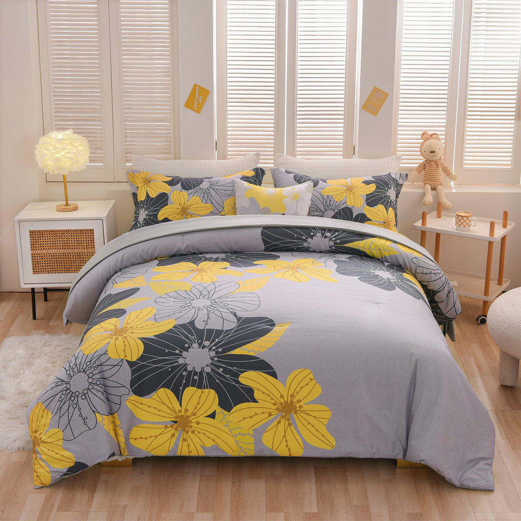 All-Season Yellow Floral Comforter Set Queen Flower Bed Set Adult Soft Botanical Boho Bedding Set - Hypoallergenic Ultra-Fluffy Quilt for Winter Detail