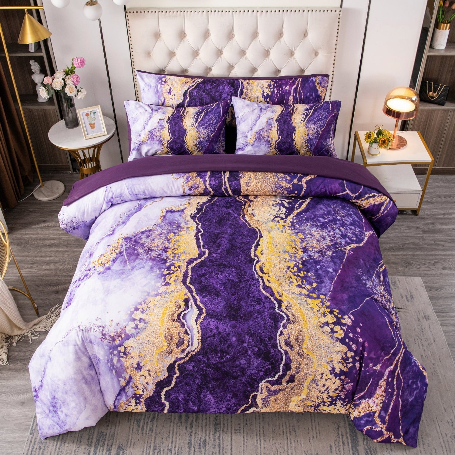 All-Season 6 Pieces Queen Size Comforter Set Purple,Watercolor Marble Colorful Purple Bedding,Ultra Soft Purple Bed Set with Com... - Luxurious Quilted Duvet Cover Set Detail