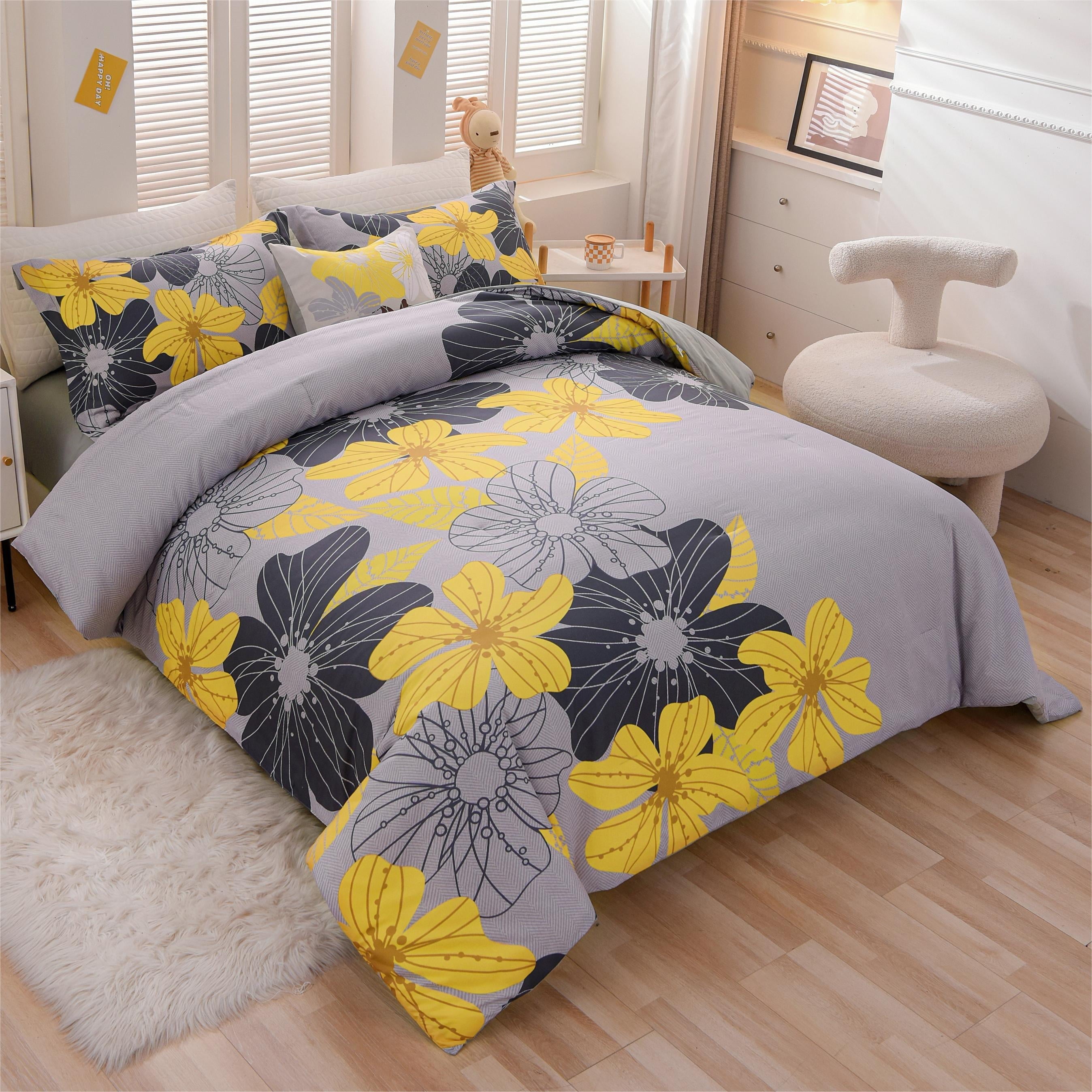 All-Season Yellow Floral Comforter Set Queen Flower Bed Set Adult Soft Botanical Boho Bedding Set - Hypoallergenic Ultra-Fluffy Quilt for Winter Detail