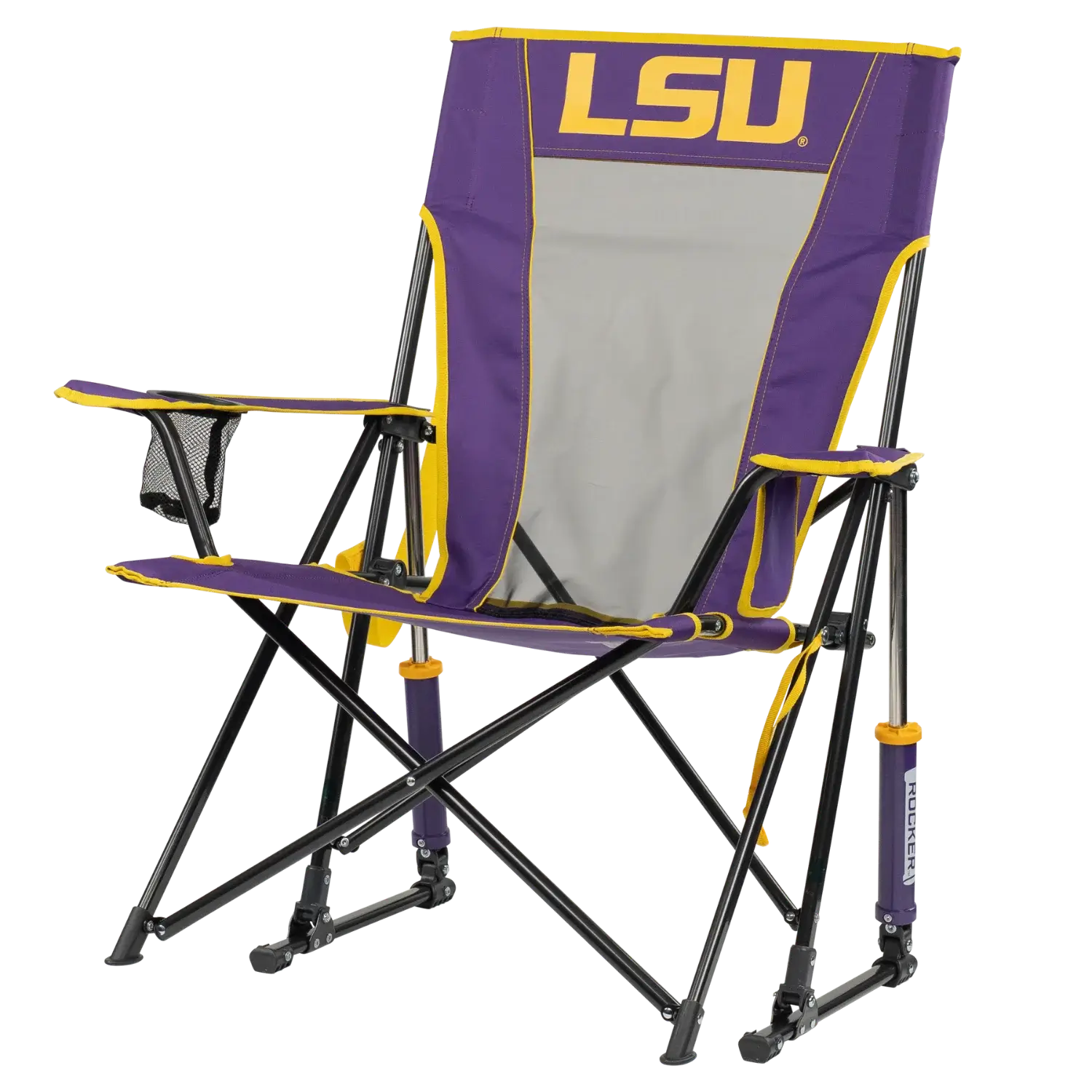 Patented Spring-Action College Comfort Pro Rocker - LSU Tigers - Choice 880 - Heavy-Duty Kickback Rocker with Beverage Holder Detail