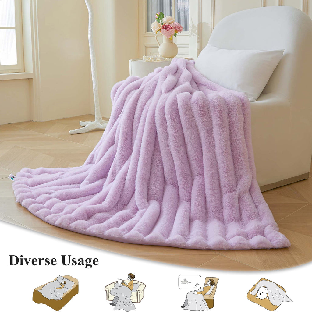 Super Soft Flannel Fluffy Faux Rabbit Fur Throw, Cozy Wide Stripe Plush Fuzzy Blanket for Bed Couch Sofa Chair, Light Purple Shaggy Thro... - Lightweight Plush Warm Blanket for All Seasons Detail