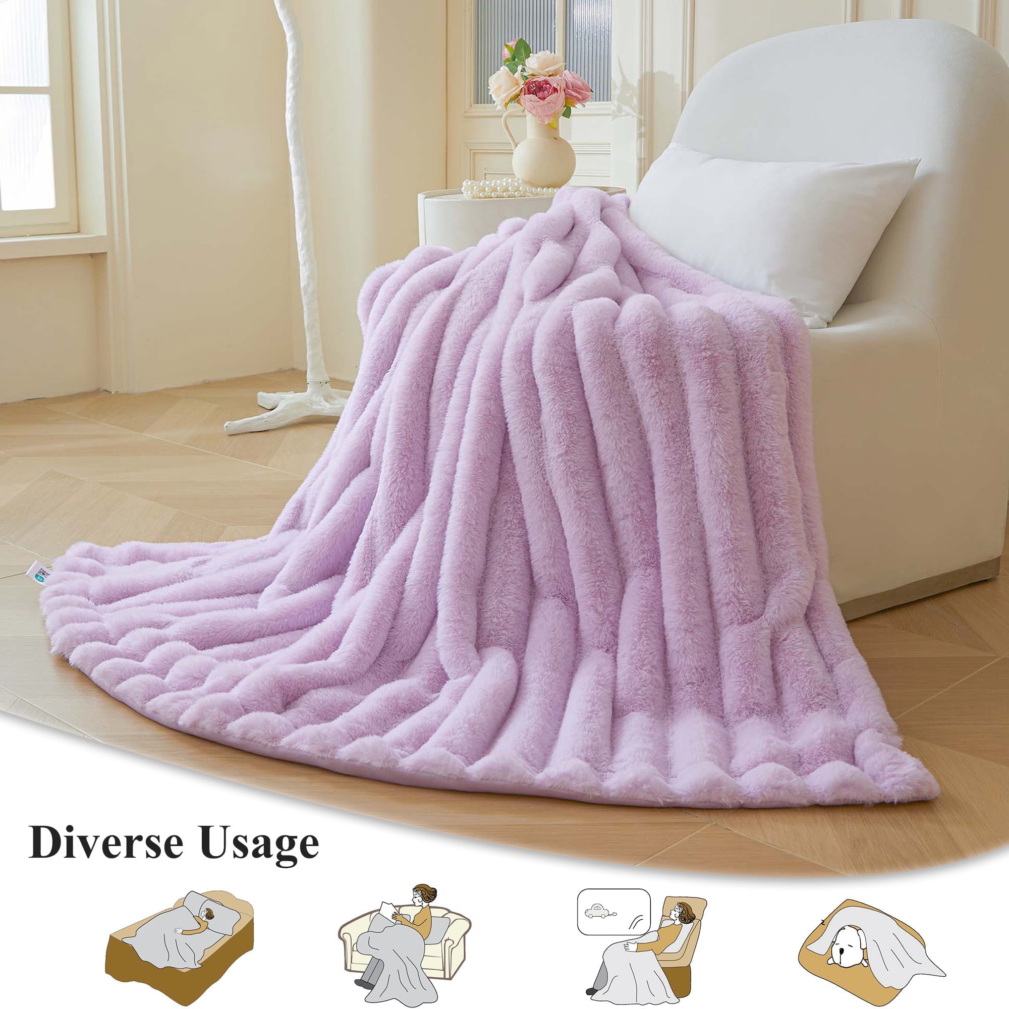 Super Soft Flannel Fluffy Faux Rabbit Fur Throw, Cozy Wide Stripe Plush Fuzzy Blanket for Bed Couch Sofa Chair, Light Purple Shaggy Thro... - Lightweight Plush Warm Blanket for All Seasons Detail