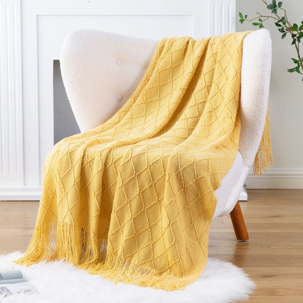Super Soft Flannel Mustard Throw Blanket for Couch,Gold Yellow Knit Throw with Fringe,Outdoor Throw ,50"x60" - Luxury Knitted Decorative Throw Blanket with Fringes Detail