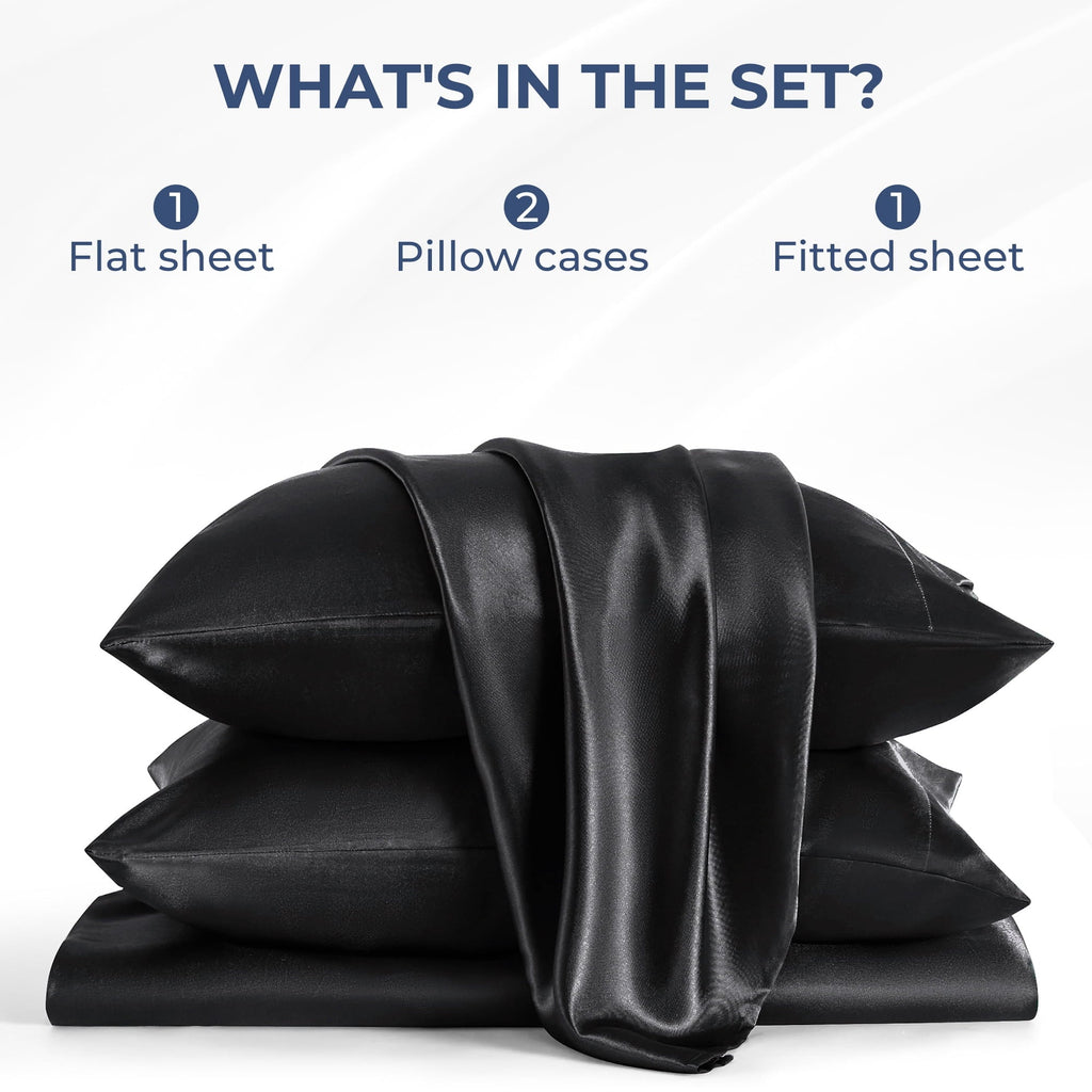 Wrinkle-Resistant Set, Queen, Silky Bed s, 4 Pieces,Black - Breathable Egyptian Cotton Flat & Fitted Sheets Detail