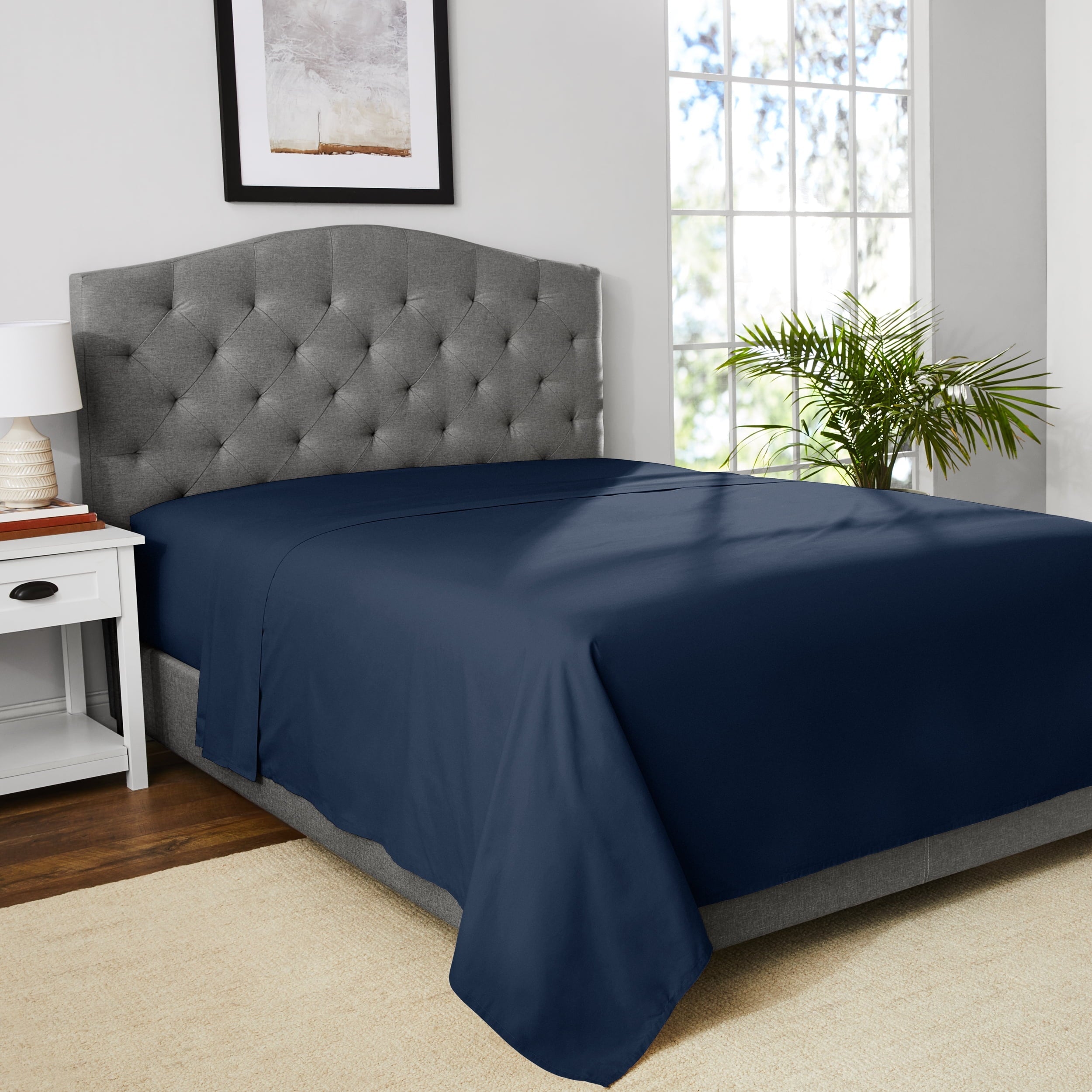 Wrinkle-Resistant 300 Thread Count Easy Care Blue Cove Cotton Blend Percale Flat Bed Sheet, King - Breathable Egyptian Cotton Flat & Fitted Sheets Detail