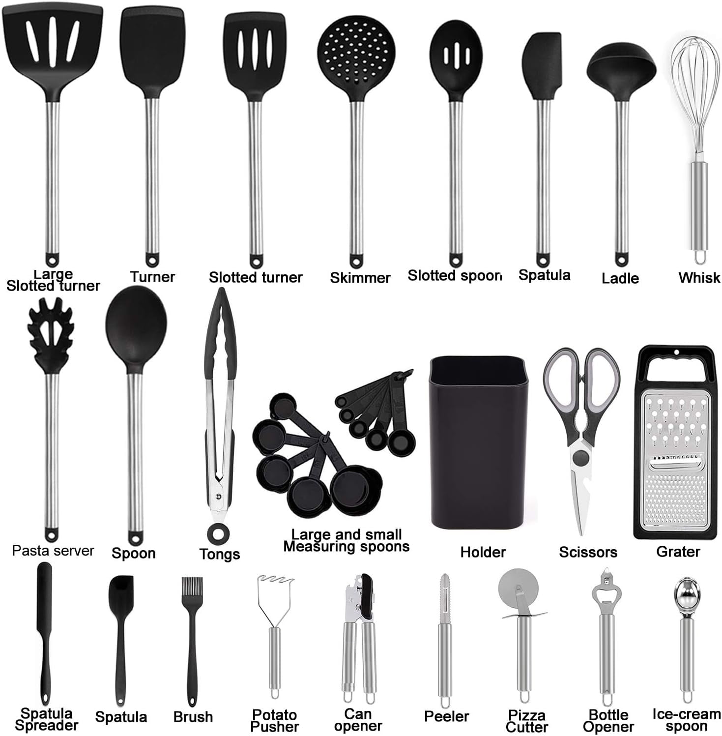 Non-Stick Safe Kitchen Utensil Set-Silicone Cooking Utensils-33 Kitchen Gadgets & Spoons for Nonstick Cookware-Silicone and Stainles... - Durable Turner & Ladle Utensil Set for Home Chefs Detail