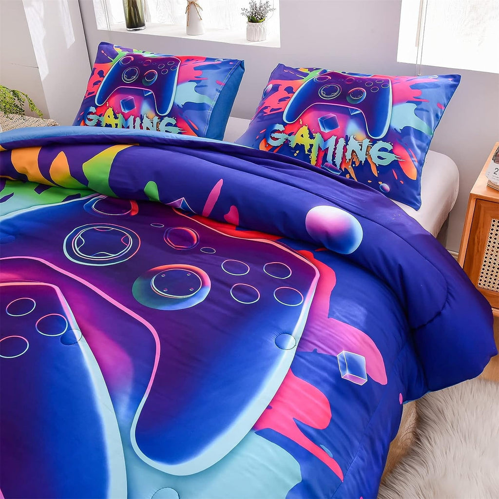 All-Season Purple Queen Gaming Comforter Sets for Boys Kids Bedding Sets Colorful Games Console Gamer Quilt Set - Luxurious Quilted Duvet Cover Set Detail