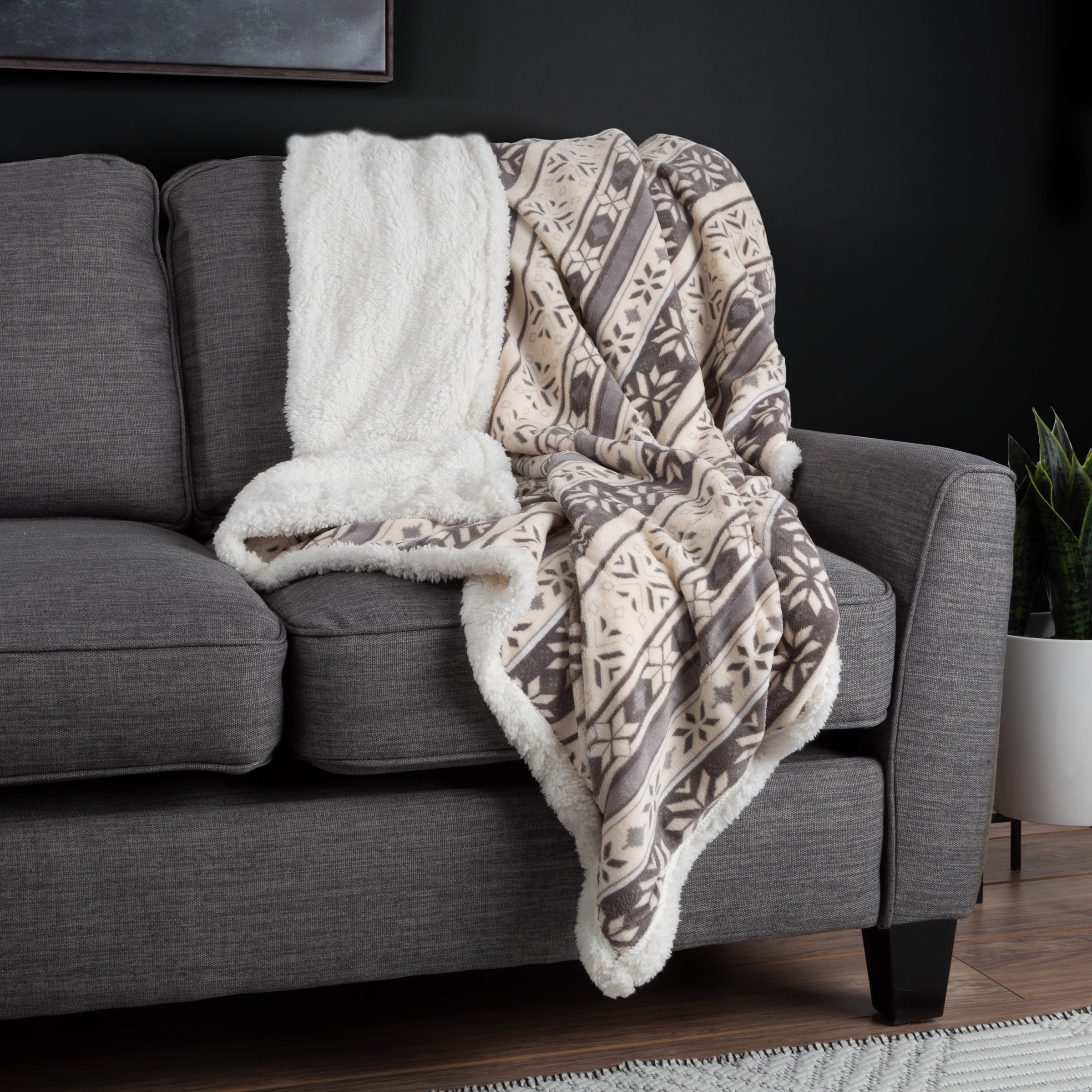 Lightweight Warm 50x60-Inch Machine Washable Fleece Blanket with Snowflakes - Super Soft Reversible Sherpa Flannel Blanket Detail