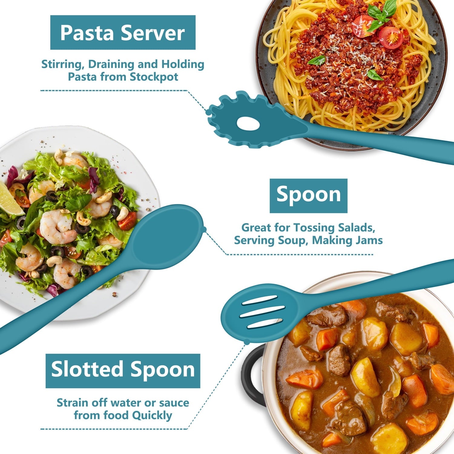 Premium Silicone 7-Piece Silicone Cooking Utensils Set, Blue Kitchen Utensils, Non-stick Gadgets Tools Include Slotted Turner, Soup La... - Ergonomic Kitchen Tongs and Cooking Spoon Utensil Detail