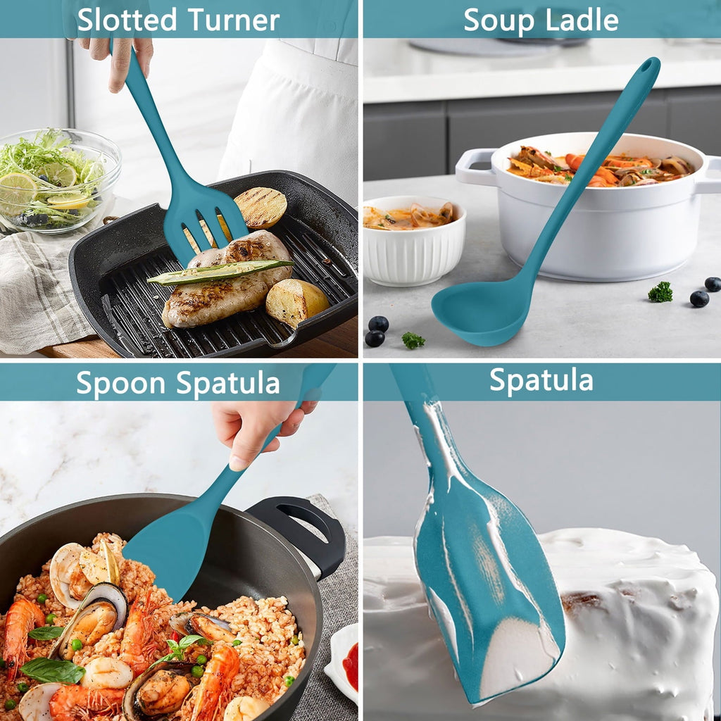 Premium Silicone 7-Piece Silicone Cooking Utensils Set, Blue Kitchen Utensils, Non-stick Gadgets Tools Include Slotted Turner, Soup La... - Ergonomic Kitchen Tongs and Cooking Spoon Utensil Detail