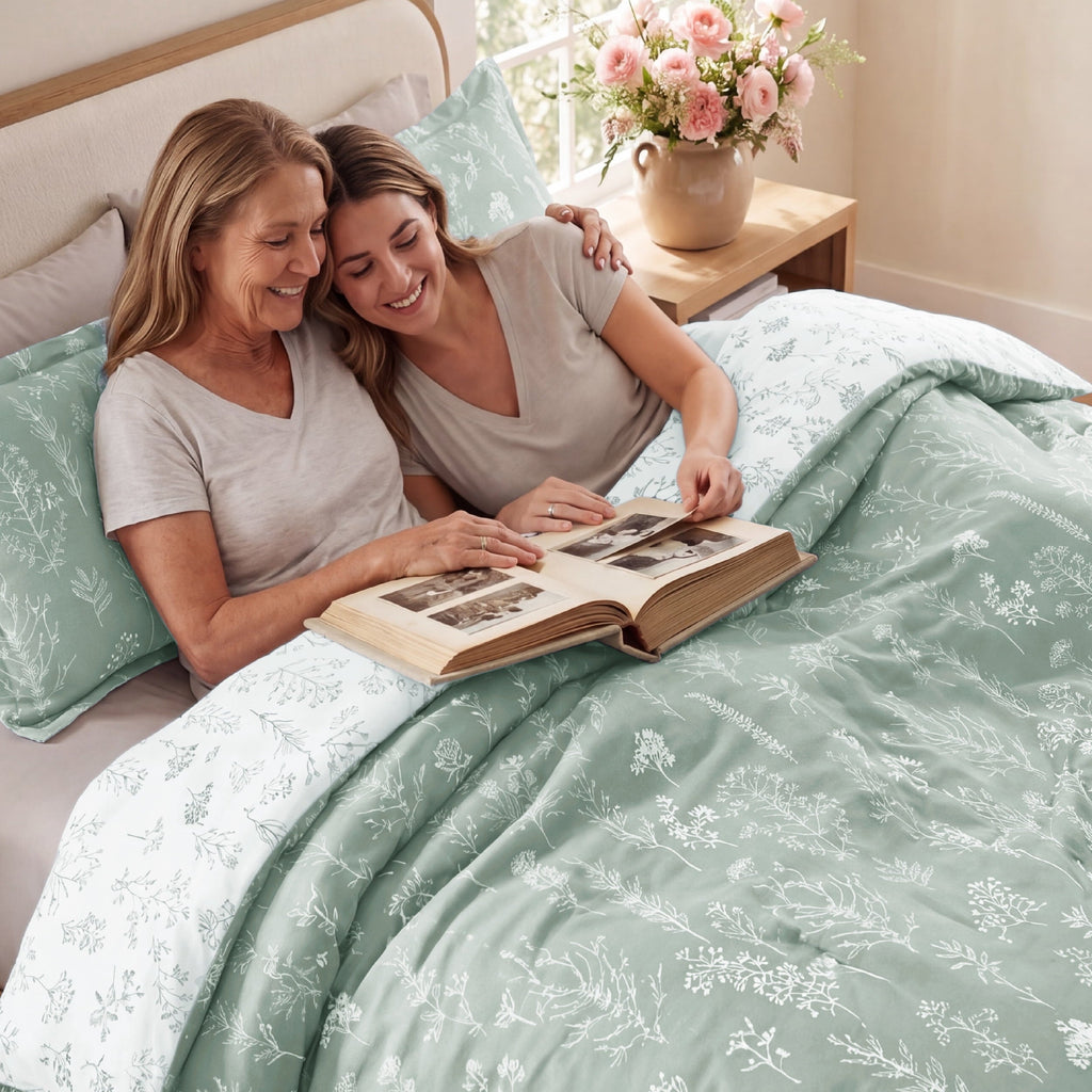 Fluffy Down Alternative 3 Pieces Sage Green Queen Size Comforter Sets, Cute Flowers Botanical Lightweight Soft Bedding Set with 2 Pillow Shams - Luxurious Quilted Duvet Cover Set Detail