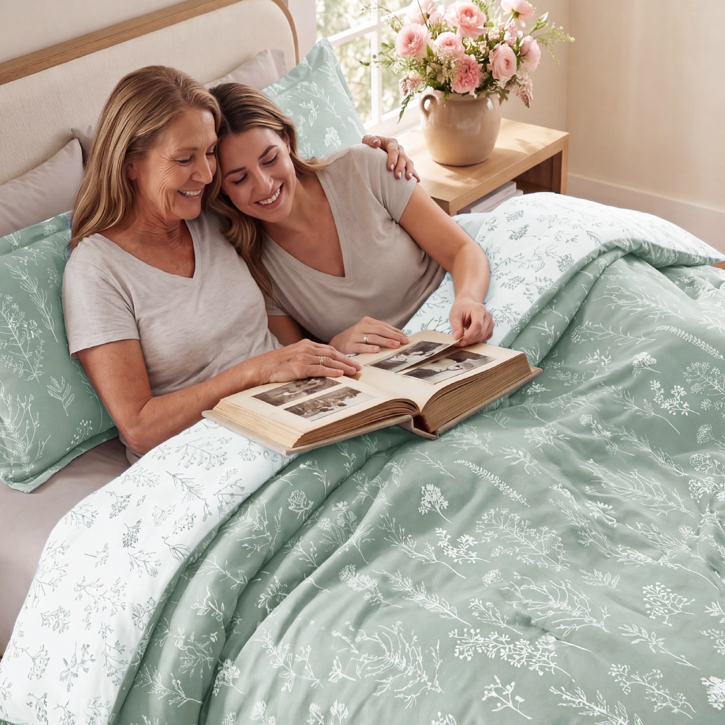 Fluffy Down Alternative 3 Pieces Sage Green Queen Size Comforter Sets, Cute Flowers Botanical Lightweight Soft Bedding Set with 2 Pillow Shams - Luxurious Quilted Duvet Cover Set Detail