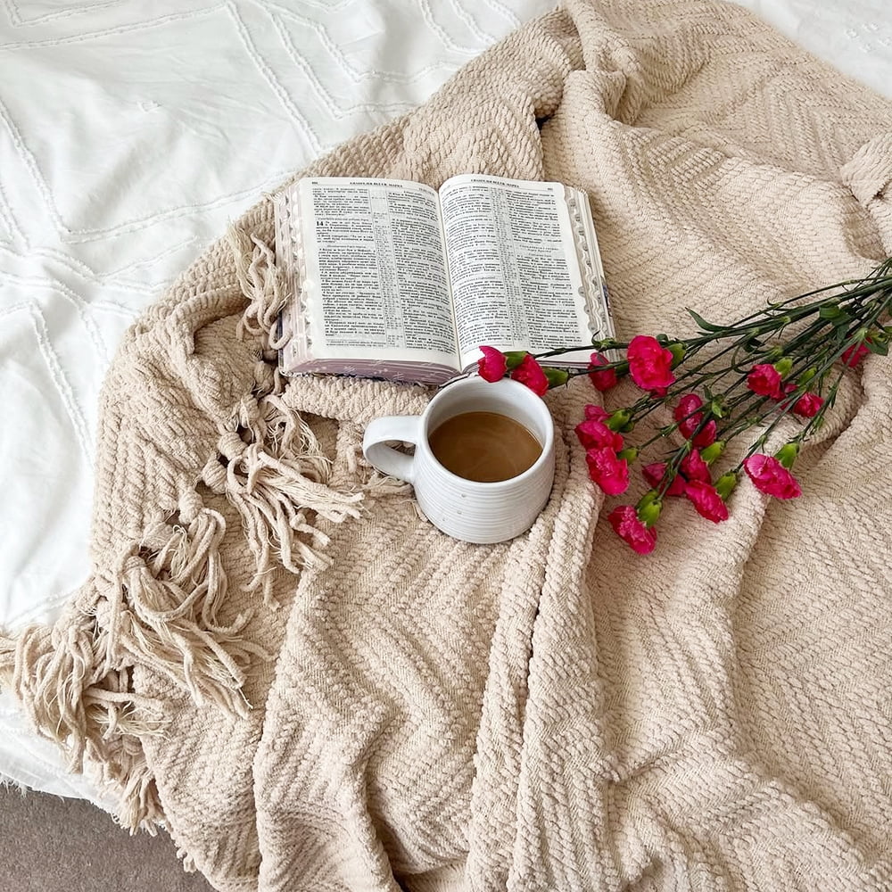 Decorative Knitted Beige Throw Blanket,Textured Knitted Tan Throws with Tassels,Neutral Sofa Bed Throws,50"x60" - Cozy Fleece Throw Blanket for Couch & Bed Detail