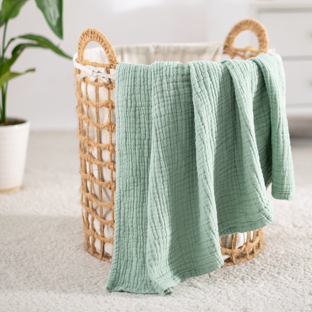 Lightweight Warm 100% Cotton Muslin Throw Blanket Gauze Blankets for Adults Soft Throws for Bed and Couch, 50" x 70" Sage Green - Luxury Knitted Decorative Throw Blanket with Fringes Detail