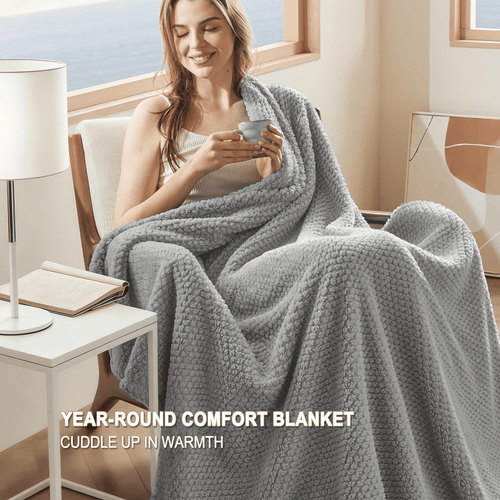 Cozy Fleece Throw Blanket, Decorative Throws with Waffle Wave Design, Super Soft Plush Fuzzy Blankets , Luxury Lightweight and Br... - Luxury Knitted Decorative Throw Blanket with Fringes Detail