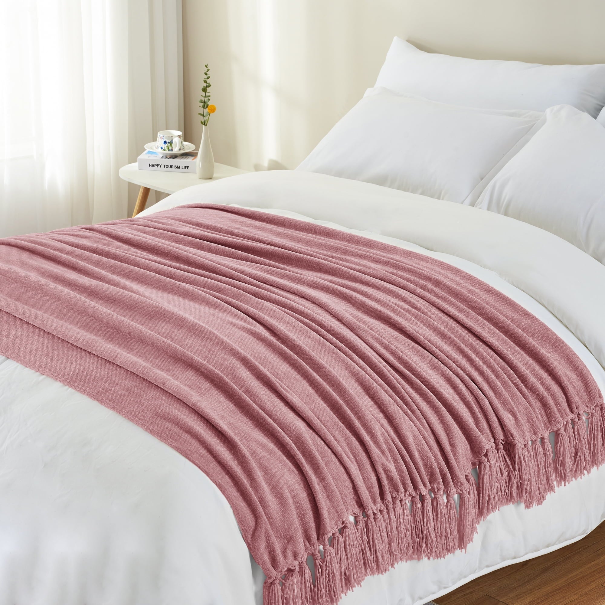 Cozy Fleece Chenille Throw Blanket with Fringe Tassel for Couch Sofa Chair Bed, Mauve 50" X 70" - Super Soft Reversible Sherpa Flannel Blanket Detail