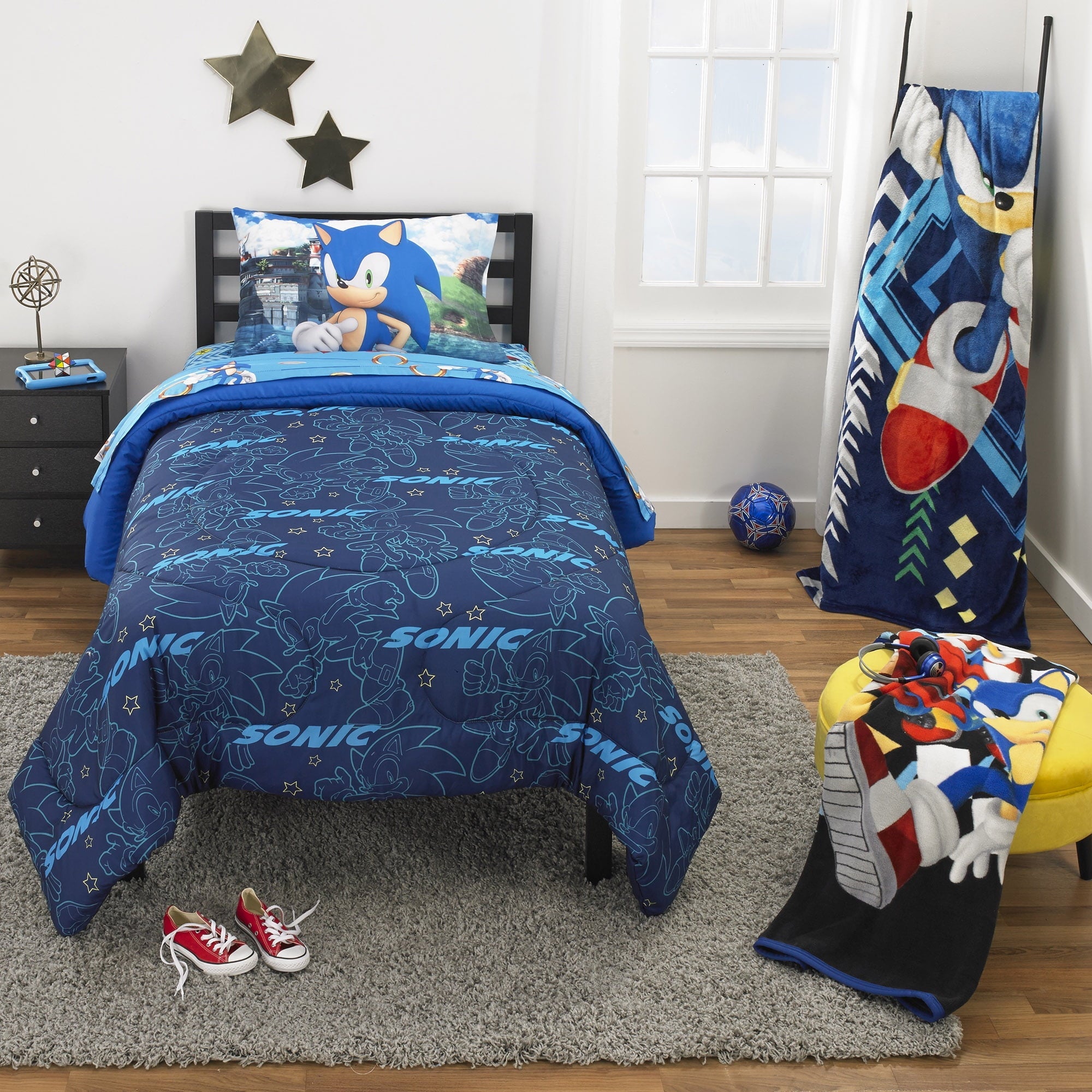 Fluffy Down Alternative Sonic the Hedgehog Kids 2 Piece Blue Green Reversible Comforter and Pillowcase set, Twin/full - Hypoallergenic Ultra-Fluffy Quilt for Winter Detail