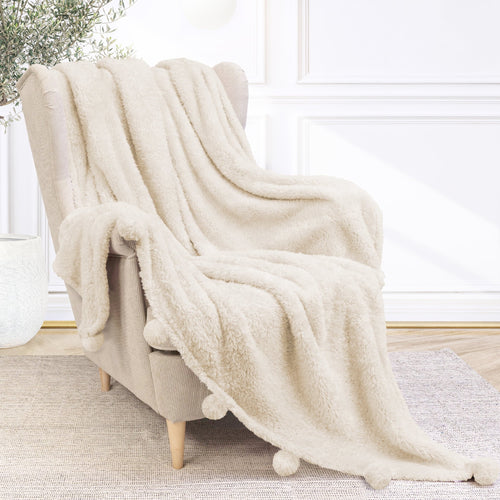 Cozy Fleece Ivory Cream Sherpa Throw Blanket with Soft Pom Pom Fringe, Plush Cozy Warm Blankets for Couch Bed Sofa, Fuzzy Fleece ... - Super Soft Reversible Sherpa Flannel Blanket Detail