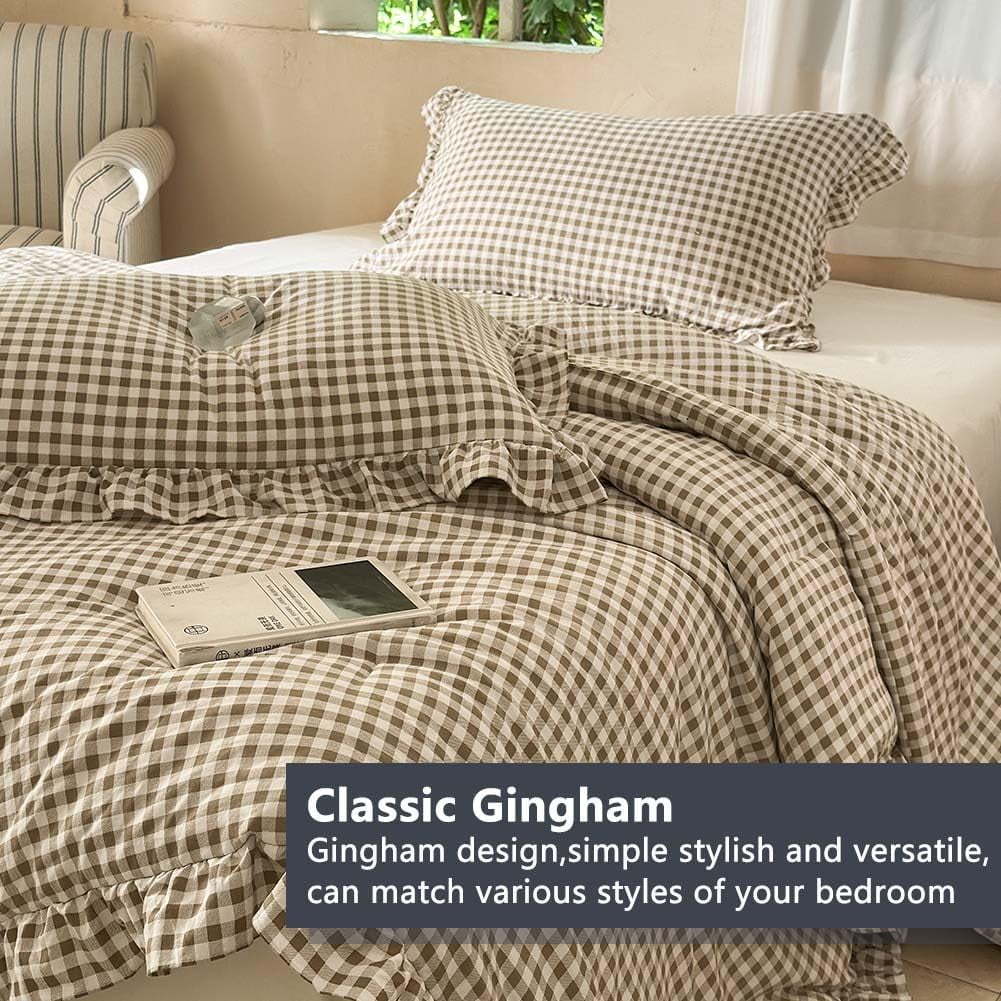 Hypoallergenic Cloud Tan Gingham Ruffle Queen Comforter Set, Taupe Ruffled Plaid Bedding Set, Ruffled Checked Bed Comforter 3 Pieces(Tan G... - All-Season Down Alternative Comforter Insert Detail