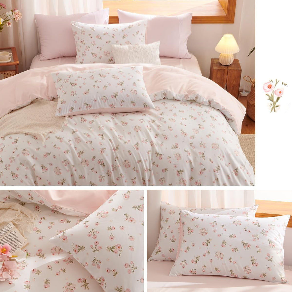 Luxurious Quilted Pink loyalty Floral Comforter Queen Sets, 3 Pieces Chic Botanical Pink White Floral Reversible Comforter for All Season - Hypoallergenic Ultra-Fluffy Quilt for Winter Detail