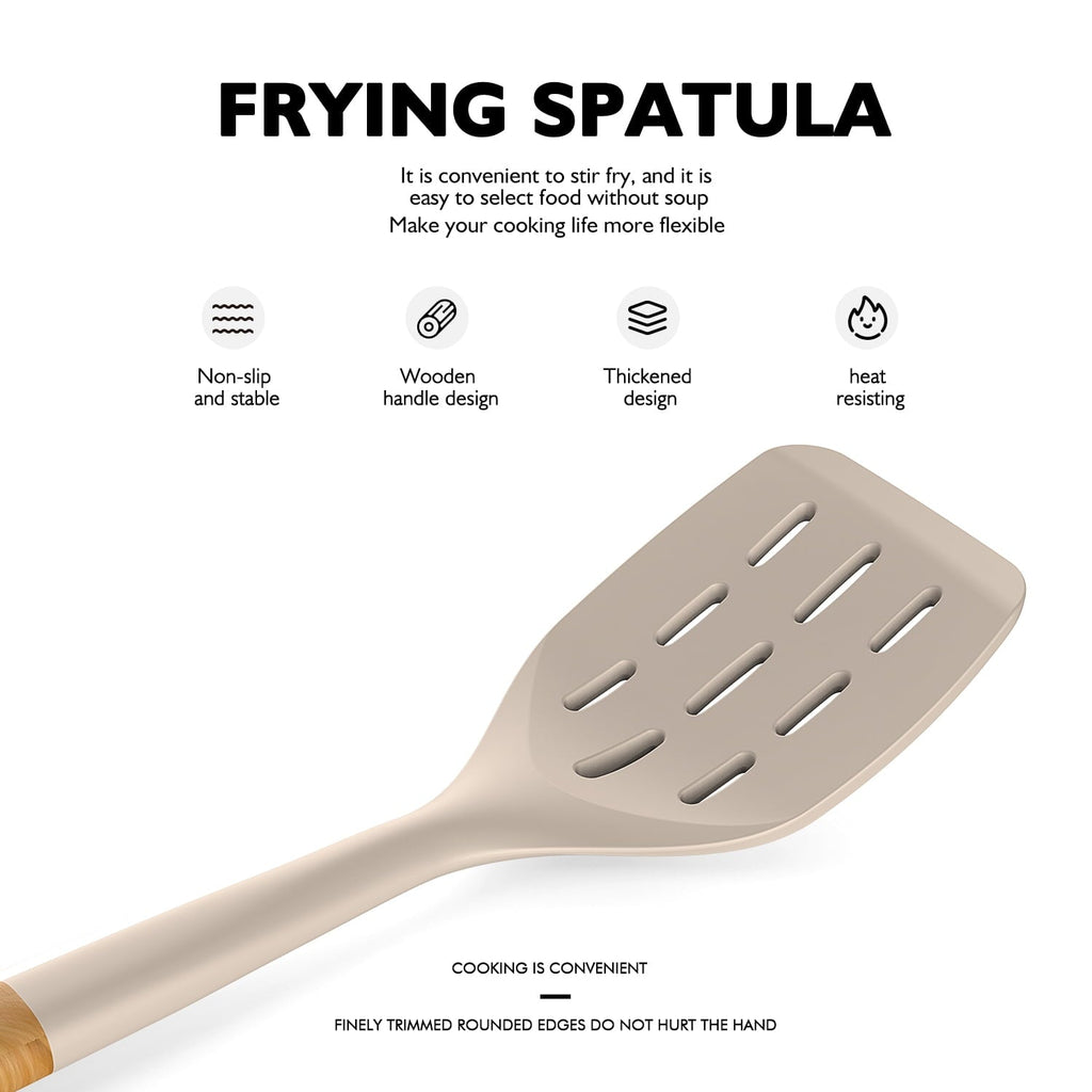 Seamless One-Piece Large Silicone Cooking Utensils - Heat Resistant Kitchen Utensil Set with Wooden Handles, Spatula,Turner, Slotted Spo... - Heat-Resistant Silicone Cooking Spatula Turner Detail