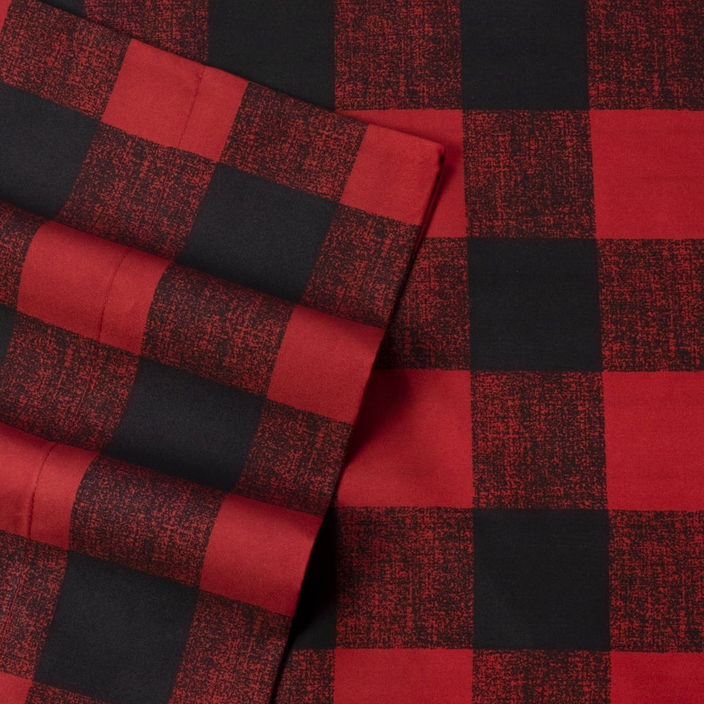 Wrinkle-Resistant Buffalo Plaid Black and Red 4 Piece Bed Sheet Set - Twin - Premium Ultra-Soft Pillowcase Pair for Sleeping Detail