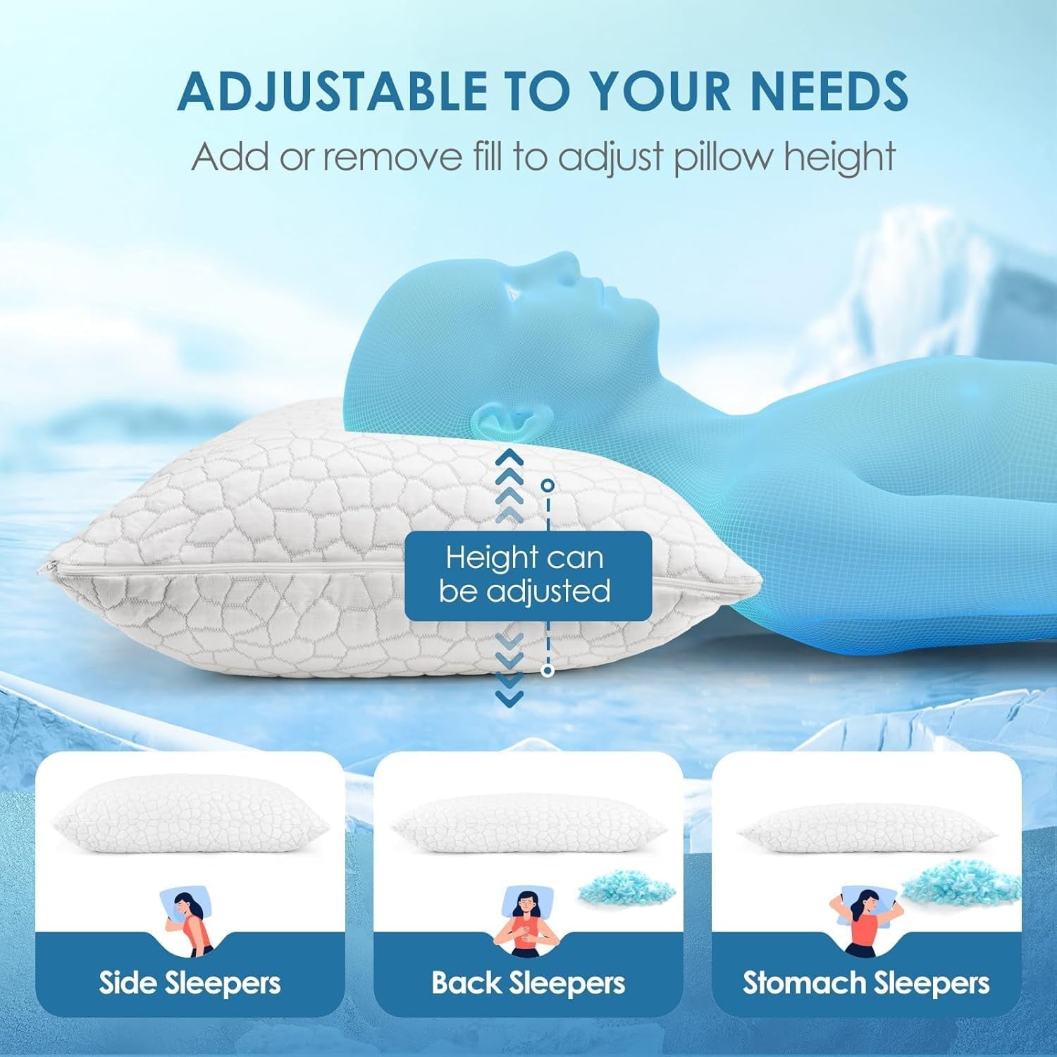 Orthopedic Support Cooling Bed Pillows Queen Size Set of 2, Shredded Memory Foam Pillows for Sleeping 2 Pack, Adjustable Soft Firm Pillo... - Ergonomic Memory Foam Pillow for Neck Pain Support Detail