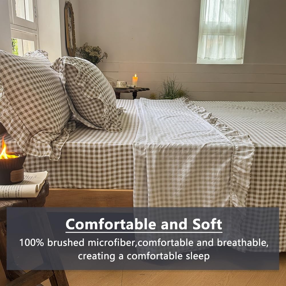 Breathable Luxury Tan Gingham Ruffle Queen Sheet Set, Taupe Soft Pre-Washed Microfiber Plaid Ruffled Queen Bed Sheets, 4-Pieces Farmhou... - Breathable Egyptian Cotton Flat & Fitted Sheets Detail