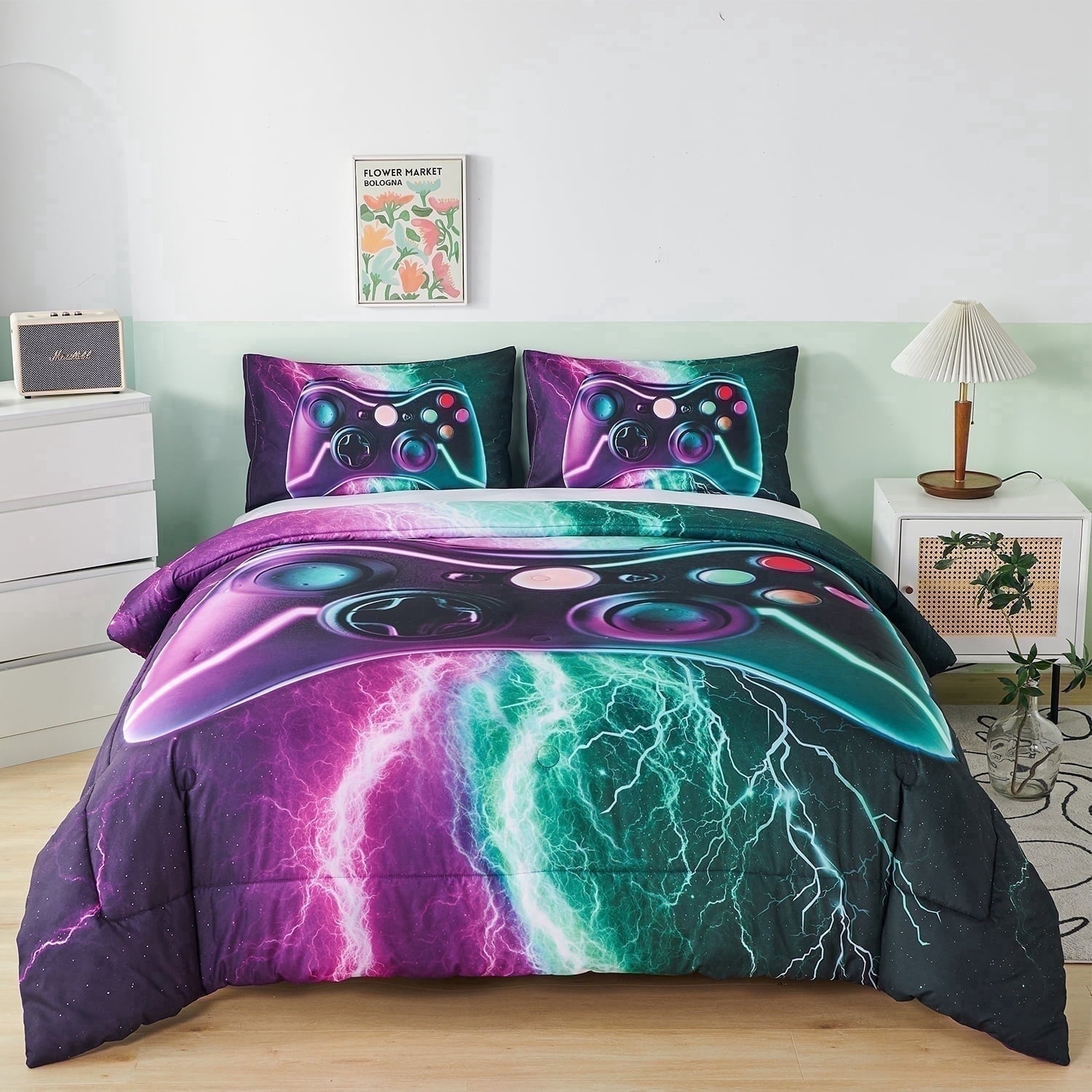 Luxurious Quilted Queen Size Gaming Comforter Set for Boys,3-Piece 3D Green Purple Lightning Game Controller Bedding Set for Kids Teens - Luxurious Quilted Duvet Cover Set Detail