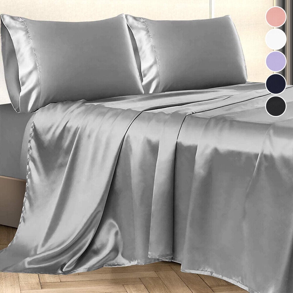 Cooling Sateen Twin Silk Gray Bed Sheet Set Deep Pocket Bed Flat Fitted Sheet, 3-Pieces - Premium Ultra-Soft Pillowcase Pair for Sleeping Detail