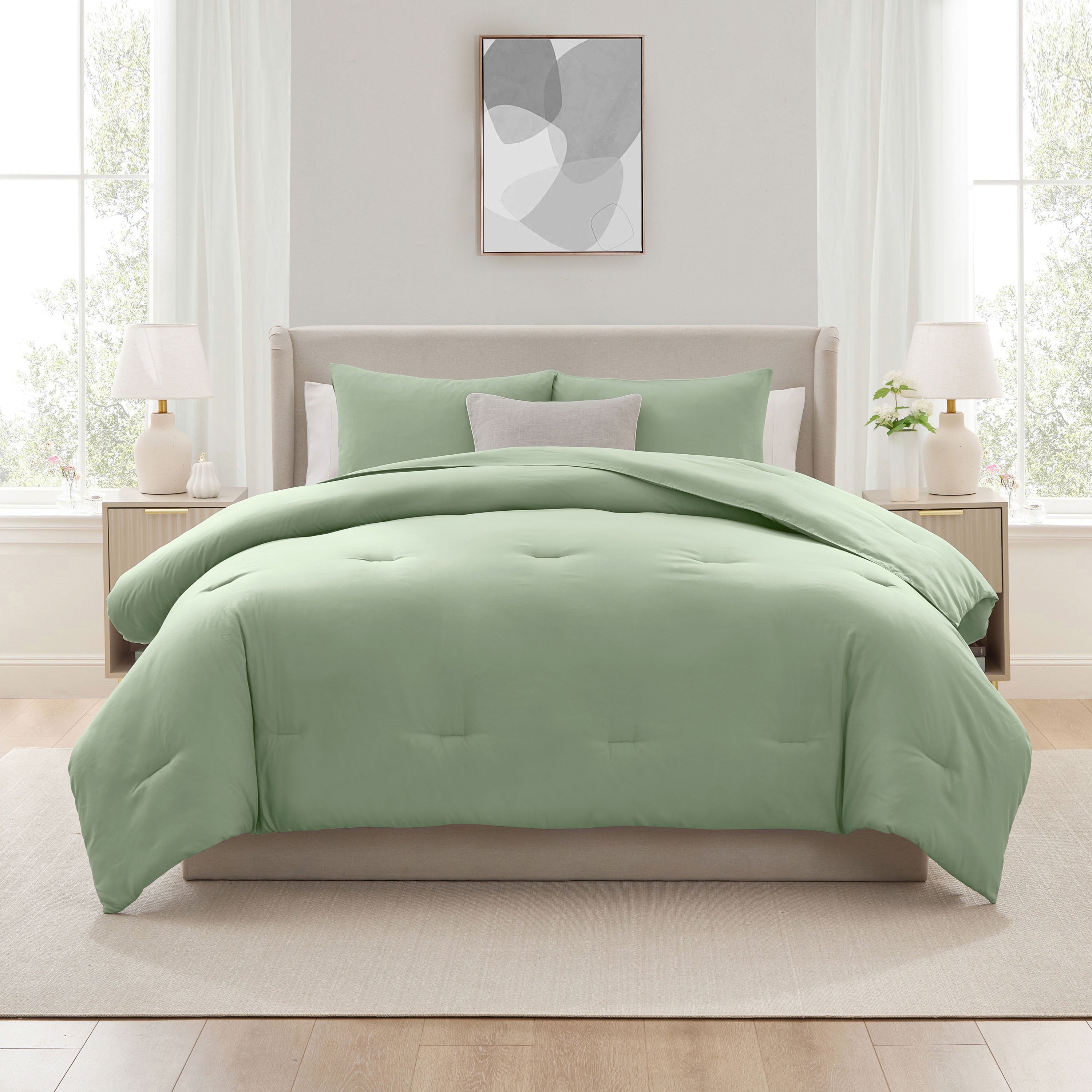 Luxurious Quilted Comforter Sets, All Season Lightweight Solid Queen Comforter Set, 3-Pc Bedding Sets, Sage Green - All-Season Down Alternative Comforter Insert Detail