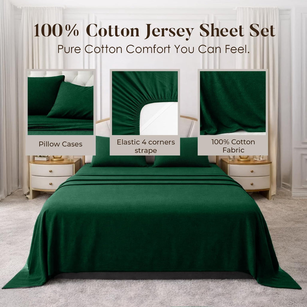 Wrinkle-Resistant Bed Sheet Set Twin 3 Piece Hunter Green Breathable Soft Cotton Jersey Sheets with Deep Pockets, Unisex - Premium Ultra-Soft Pillowcase Pair for Sleeping Detail