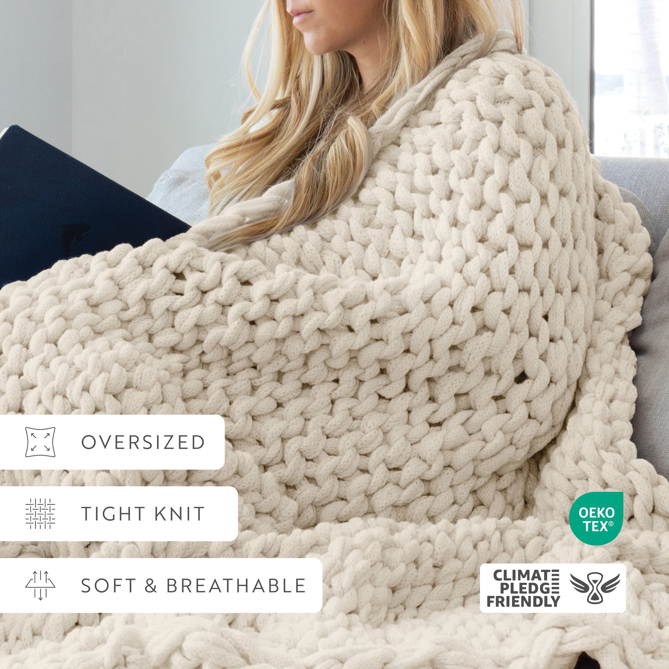 Decorative Knitted Soft & Cozy Chunky Hand-Knit Throw Blanket, Ivory - Luxury Knitted Decorative Throw Blanket with Fringes Detail