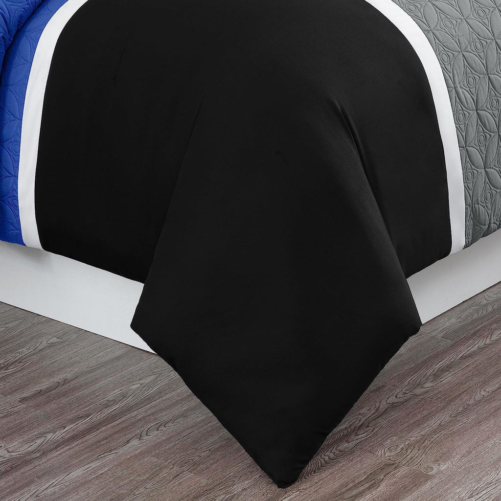 Fluffy Down Alternative Bernard 7-Piece Full Bed in a Bag Comforter Set with Sheets, Lightweight Comforter Blue Black Gray Patchwork Quilted ... - Luxurious Quilted Duvet Cover Set Detail