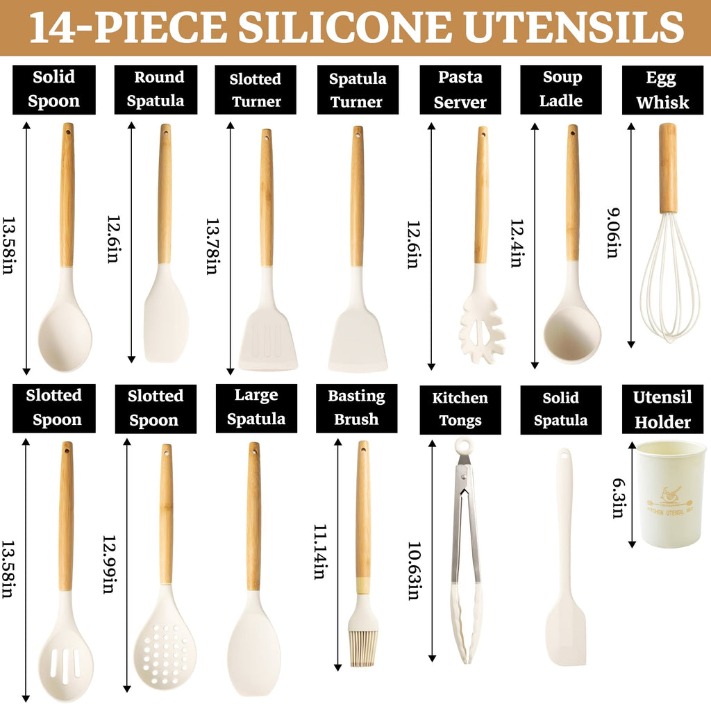 Non-Stick Safe 14-Piece Silicone Cooking Utensils Set, Non-Stick Kitchen Utensil Set for Baking, Flipping, Mixing, White - Heat-Resistant Silicone Cooking Spatula Turner Detail