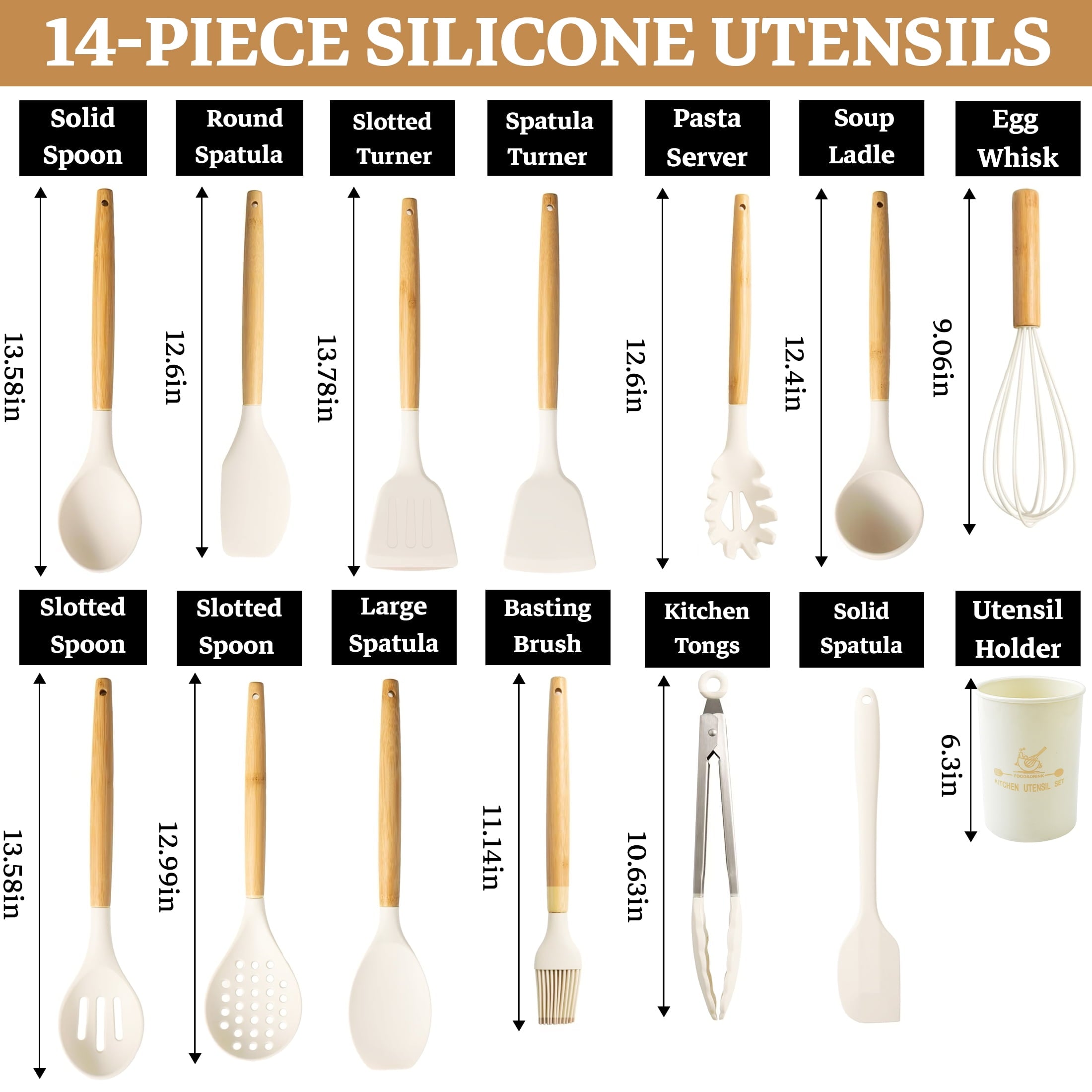 Non-Stick Safe 14-Piece Silicone Cooking Utensils Set, Non-Stick Kitchen Utensil Set for Baking, Flipping, Mixing, White - Heat-Resistant Silicone Cooking Spatula Turner Detail