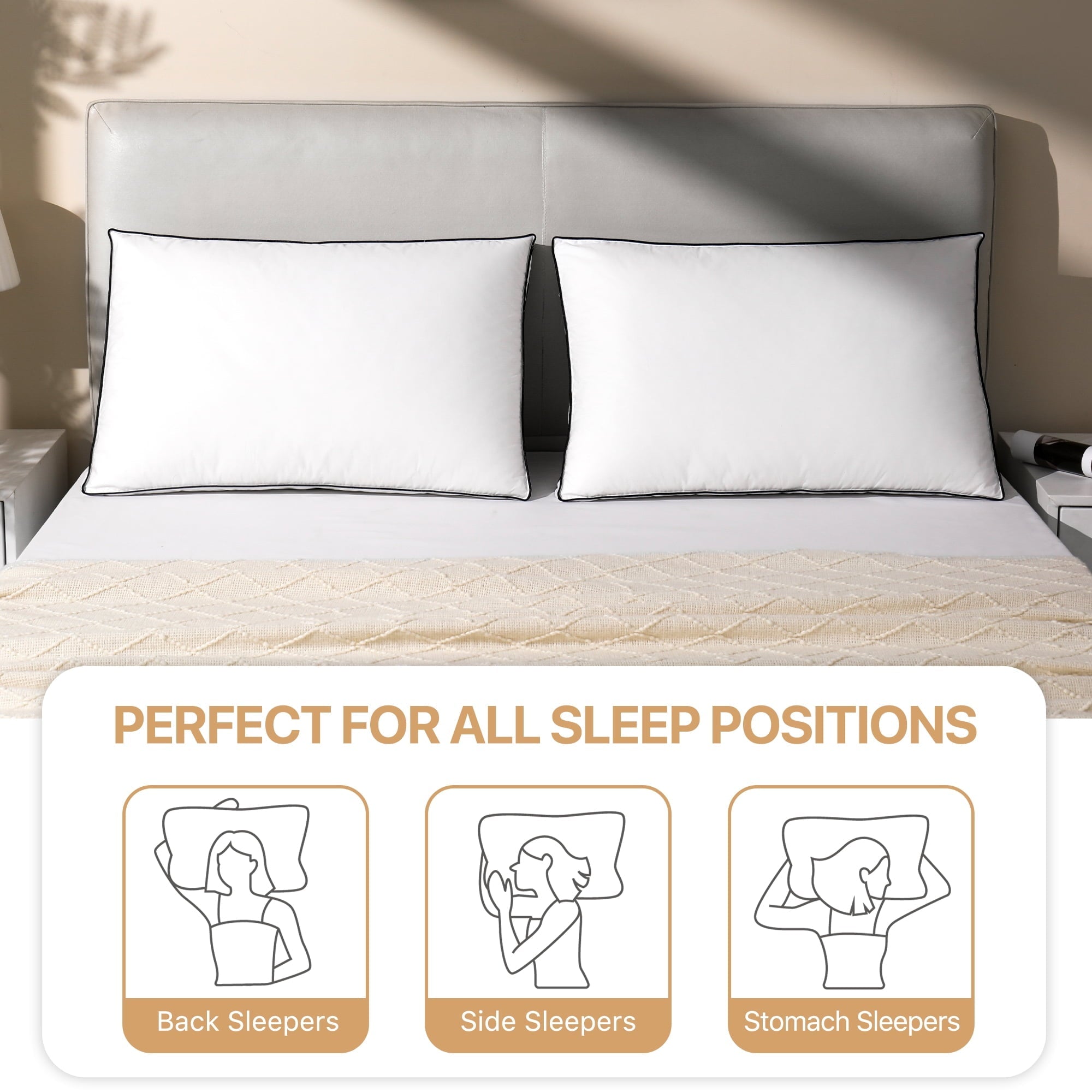 Ergonomic Memory Foam Gusseted Feather Down Pillow Set of 2, Medium Firm Hotel Bed Pillows 2 Pack, Queen Size for Side Sleepers, 20 x 30 in - Ergonomic Memory Foam Pillow for Neck Pain Support Detail
