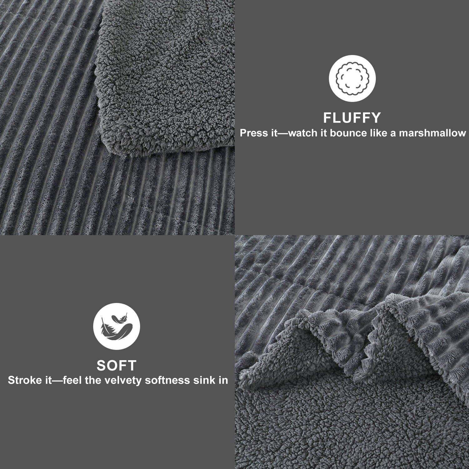 All-Season 3 Piece Fleece Queen Comforter Set - Soft & Warm Fluffy Dark Gray Sherpa Bedding , Fuzzy Heavy Double Sided Design Wi... - Luxurious Quilted Duvet Cover Set Detail
