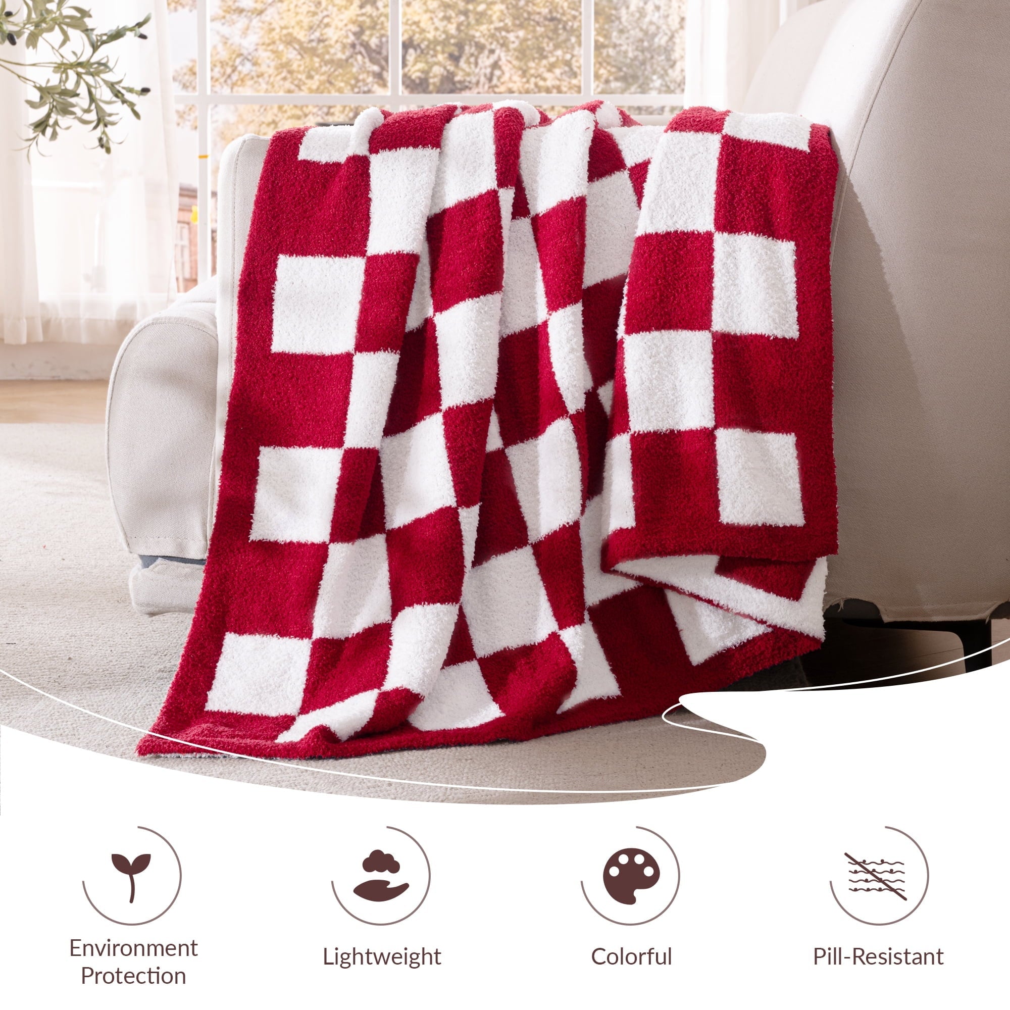 Reversible Sherpa Checkered Knit Throw Blanket, Ultra Soft Cozy Fluffy Checkerboard Blankets, Lightweight Fuzzy Plush Throw for Couch a... - Lightweight Plush Warm Blanket for All Seasons Detail
