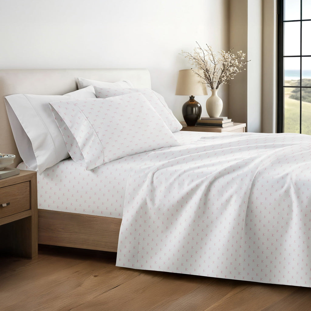 Breathable Luxury 3 Piece Ditsy Pattern Microfiber Bed Sheets, Pink Bows, Twin-XL - Breathable Egyptian Cotton Flat & Fitted Sheets Detail