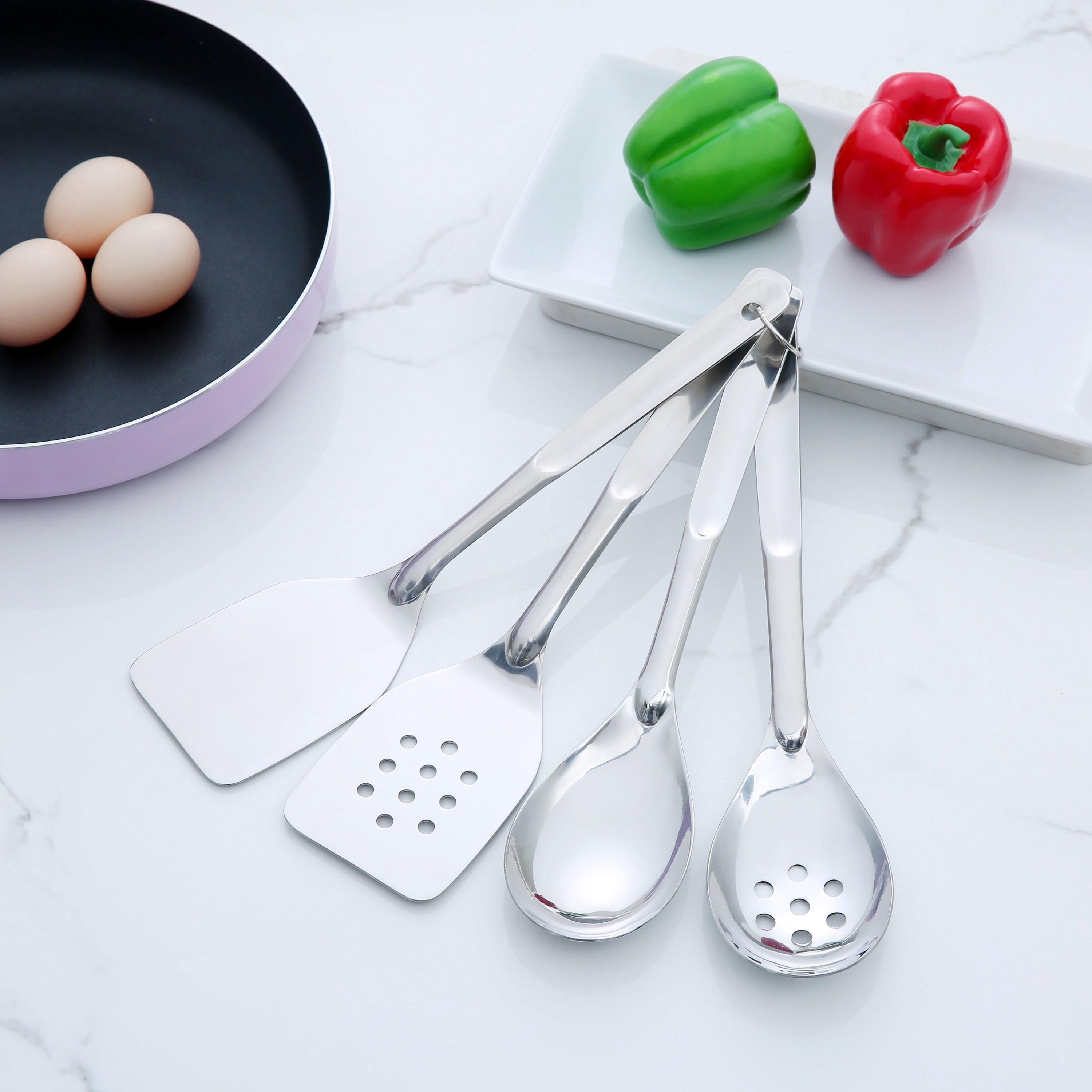 Chef-Quality Stainless Steel 4-Piece Utensil Set: Includes Spatula, Slotted Spatula, Spoon, and Slotted Spoon - Heavy Duty Stainless Steel Kitchen Shears Detail
