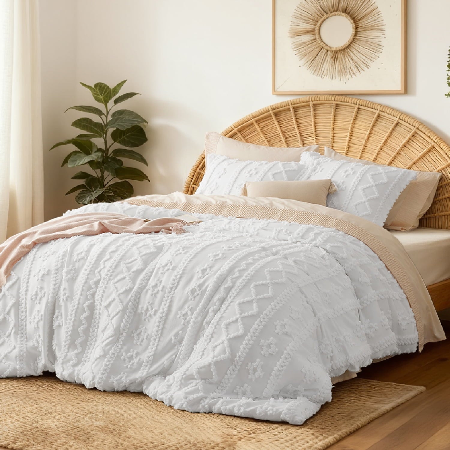 Fluffy Down Alternative Tufted Boho Comforter Set, 2 Pieces Farmhouse Shabby Chic Embroidery Bed Set, Soft Jacquard Comforter for All Seasons... - Luxurious Quilted Duvet Cover Set Detail