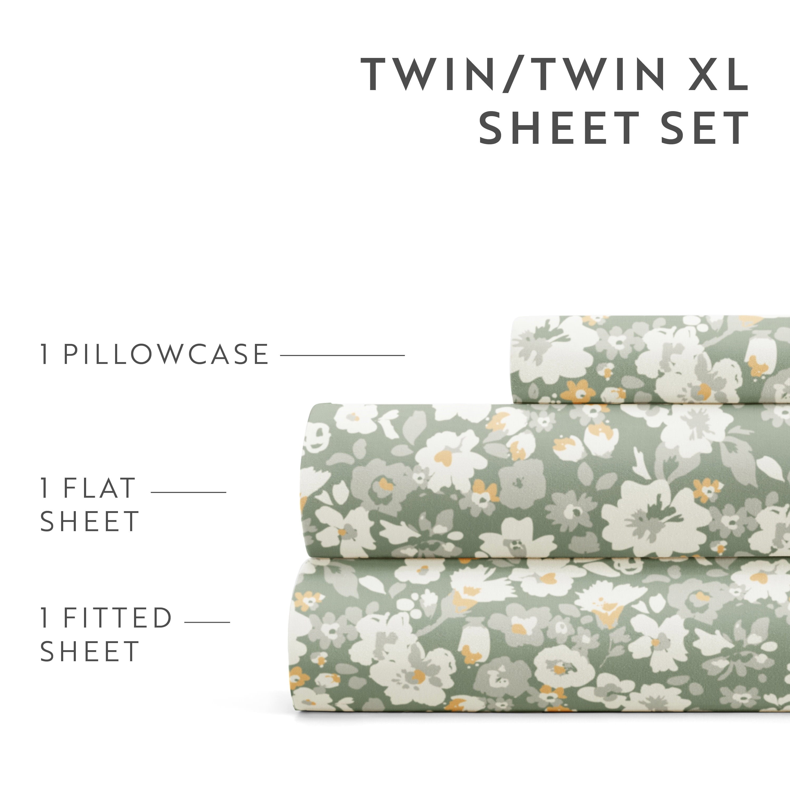 Cooling Sateen 4 Piece Pattern Microfiber Bed Sheets Set, Floral Dream Eucalyptus, Twin - Premium Ultra-Soft Pillowcase Pair for Sleeping Detail