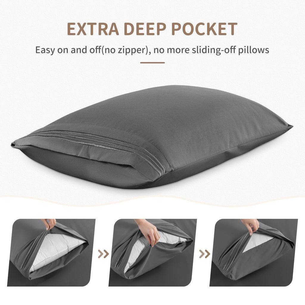 Wrinkle-Resistant 6 Pieces Bed Sheet Set, 1800 Series Soft Microfiber Queen Sheets with 16" Deep Pocket, Dark Gray - Premium Ultra-Soft Pillowcase Pair for Sleeping Detail