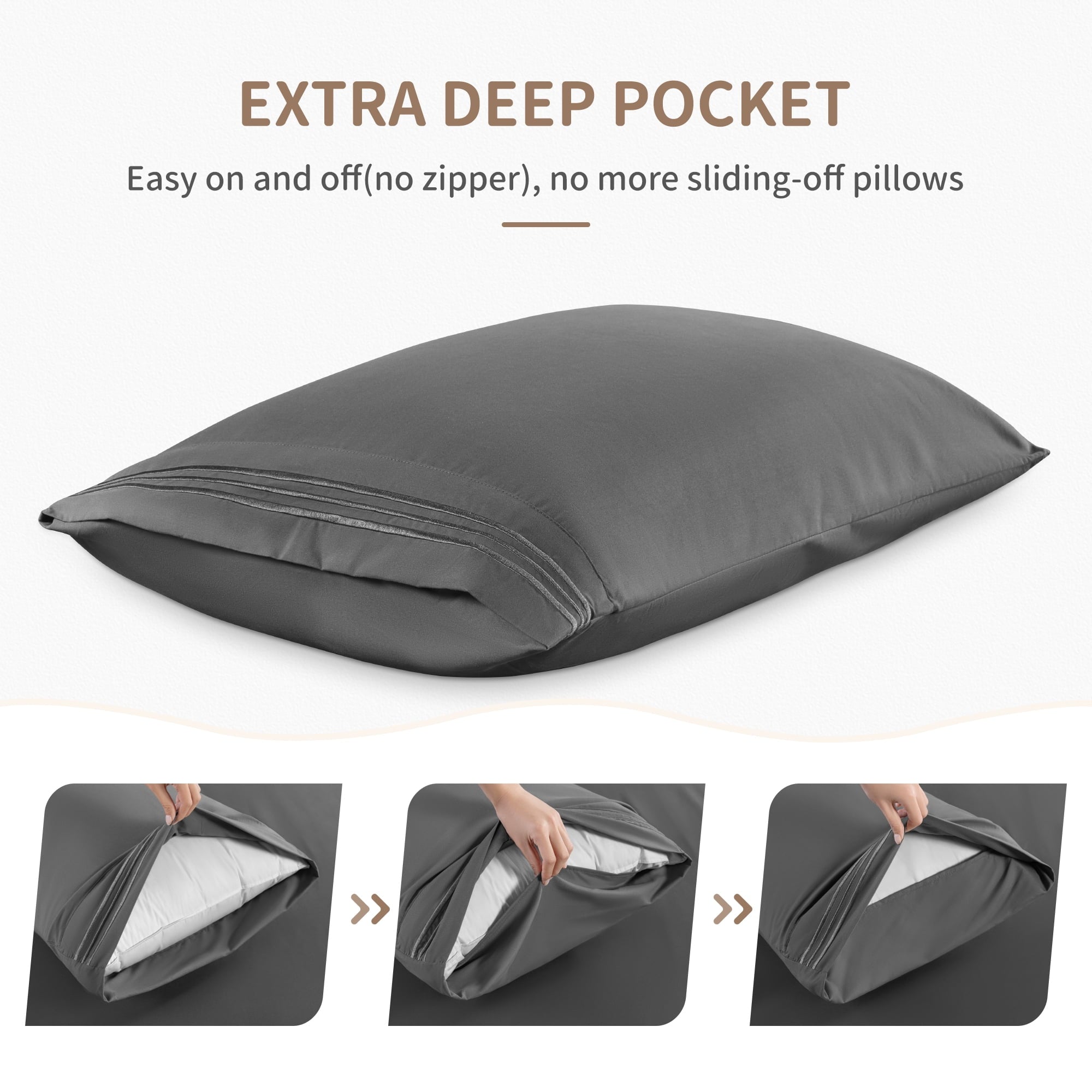 Wrinkle-Resistant 6 Pieces Bed Sheet Set, 1800 Series Soft Microfiber Queen Sheets with 16" Deep Pocket, Dark Gray - Premium Ultra-Soft Pillowcase Pair for Sleeping Detail