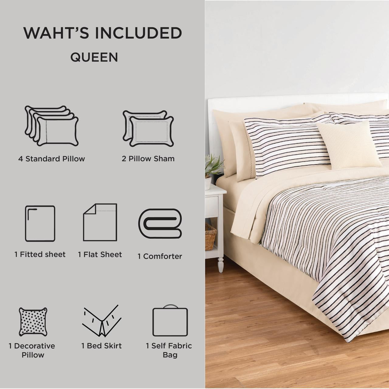 Heavyweight Warmth Soft Touch Bed in a Bag 11-Piece Reversible Tan & Black Striped Comforter Set with Sheets, Queen - All-Season Down Alternative Comforter Insert Detail