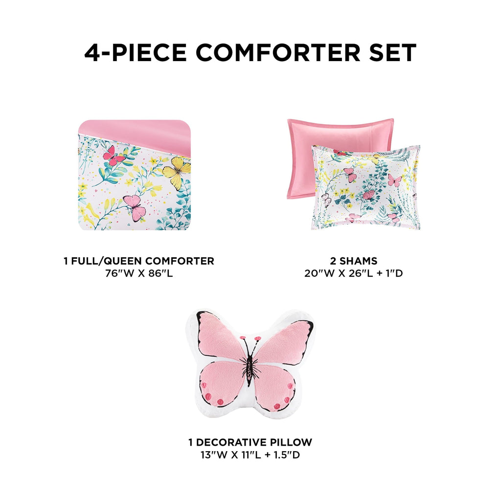 Heavyweight Warmth Full/Queen Size Comforter Sets, 4-Piece Kids Bedding Set for Girls, Butterfly Floral Comforter Bed Set, White/Pink - Cloud-Like Soft Lightweight Bed Comforter Detail