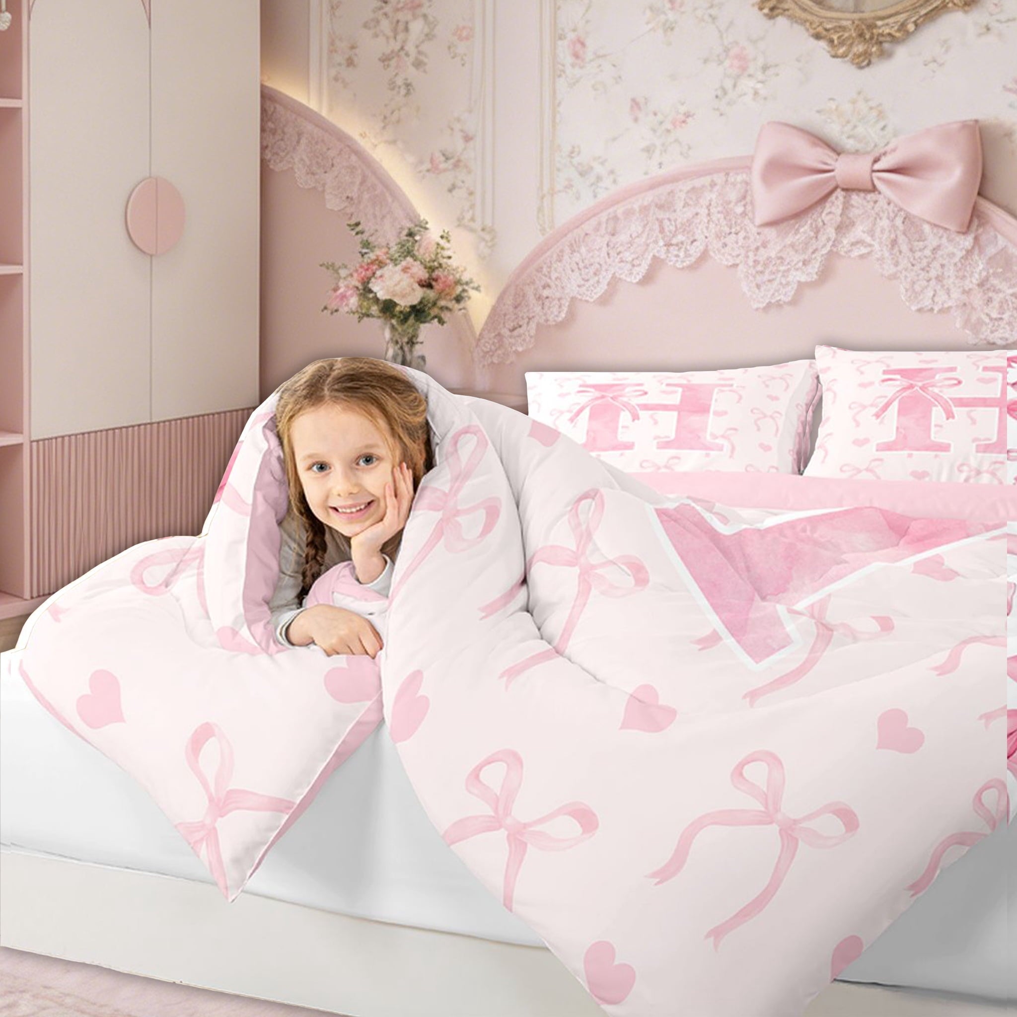 Hypoallergenic Cloud Kawaii Bowknot Bedding Sets Full with Comforter, Initial H Duvet Insert, Romantic Initial A-Z Decor, Reversible - Luxurious Quilted Duvet Cover Set Detail
