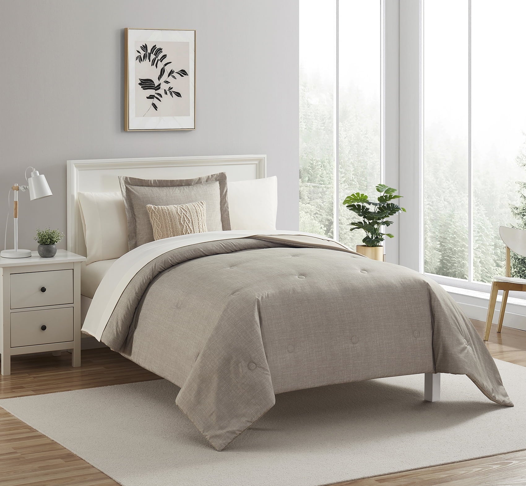 Heavyweight Warmth 7 Piece Beige Bed in a Bag Comforter Set with Sheets, Twin-XL - Luxurious Quilted Duvet Cover Set Detail
